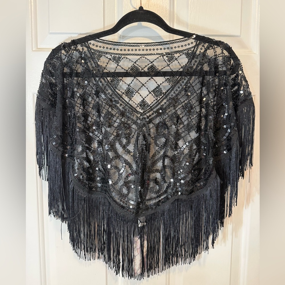 Sequin Fringe poncho shrug sheer -arm cover gatsby OS black or beaded navy iris